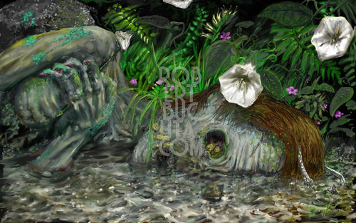 A digital painting of a corpse partially submerged in a creek with wildflowers growing on the bank.