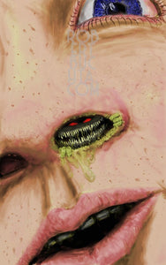 A close up digital drawing of a face with a monster emerging from a booger-crusted nostril.