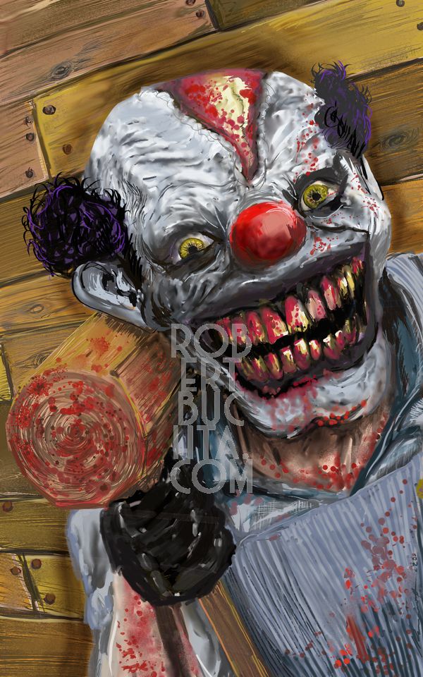 A digital drawing of a creepy clown carrying a wooden mallet with a split open scalp starting at the bridge of his nose.