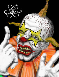 A digital drawing of a clown with the radioactive symbol hovering above his head, which appears to be pockmarked and melting from toxic exposure.