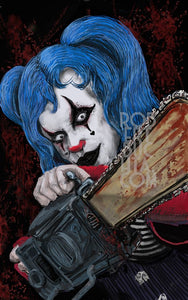 A digital drawing of a clown with blue pigtails coming at the viewer with a chainsaw.