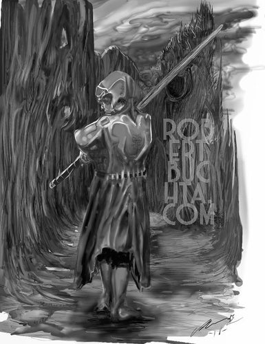 A black and white digital drawing of an ancient knight walking in the woods, brandishing a long slender weapon.