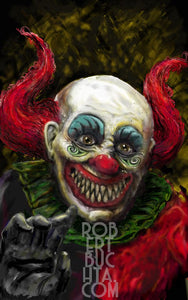 A closeup digital portrait of a clown with sharpened teeth who is grinning and waving at the viewer.