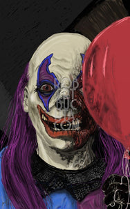 A digital drawing of a clown with a Glasgow smile and half-burned face, partially obscured by a red latex balloon.