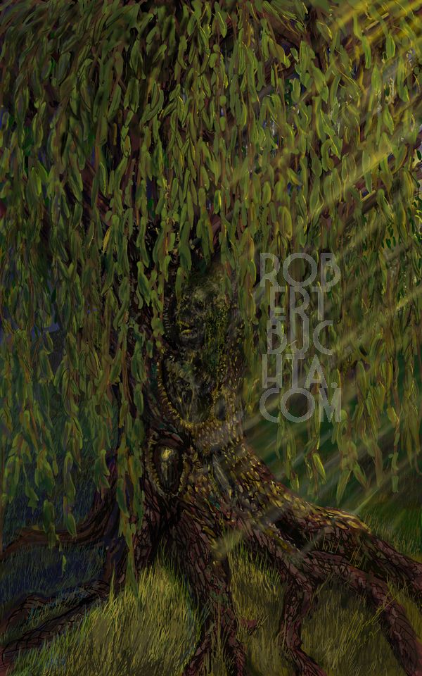 A digital drawing of a willow tree with the trunk splitting open to reveal a skeleton tangled in it's core.