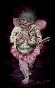 A digital drawing of a bloodied fairy in a pink tutu holding a pair of scissors in each hand and wearing a necklace made of tongues.