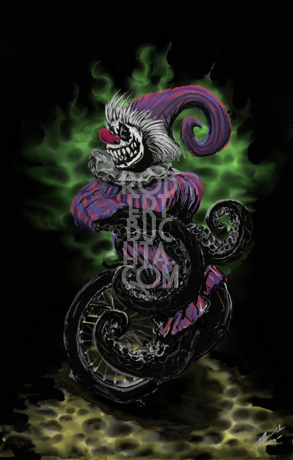 A digital drawing of a clown in a striped costume who has black tentacles for arms and legs, riding a unicycle with a wispy green aura. Despite the tentacles, this is not hentai.