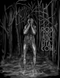 A black and white digital drawing of a nude, muscled monster standing amongst the trees and covering his face with his hands.