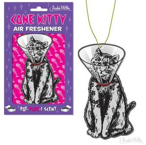 A paper air freshener shaped like a cat with a sad face and wearing a veterinary cone (or the cone of shame). In the background, there is there purple package for the item with "Cone Kitty" lettering.