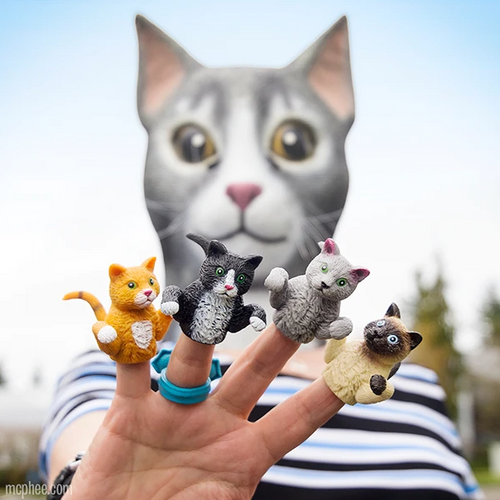 A human hand with a cat puppet on each finger - from left to right: orange tabby, tuxedo, grey, and siamese. The backdrop is the person displaying the puppets while wearing a grey rubber cat mask.