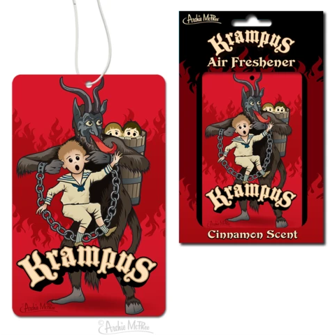 A paper air freshener with a white string. The image is a grey Krampus with two children in a bushel on his back and holding another child up by both his ears. There is an arc of lettering reading 