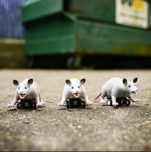 Three toy possums on a pull back and go toy chassis. The backdrop is a green dumpster.